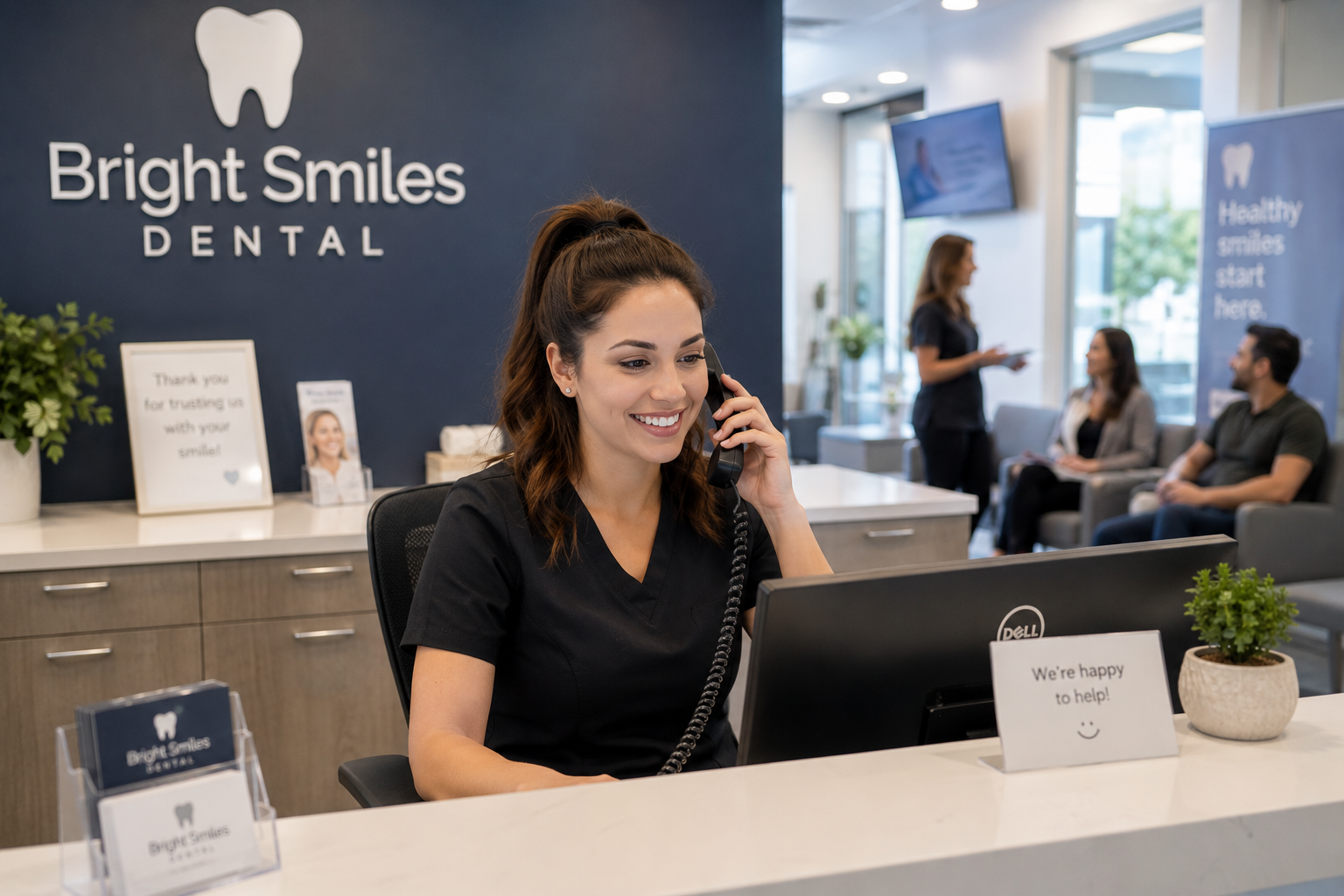 Dental receptionist answering a patient call while helping people in a modern dental clinic